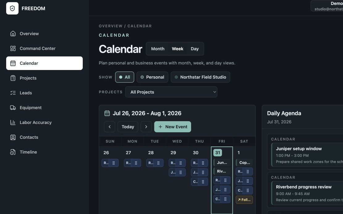 FREEDOM weekly calendar combining project tasks, appointments, and a daily agenda.