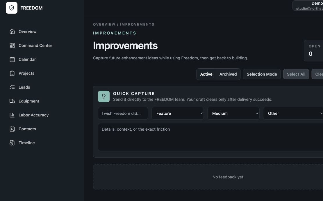 FREEDOM Improvements screen with a focused form for submitting product ideas.
