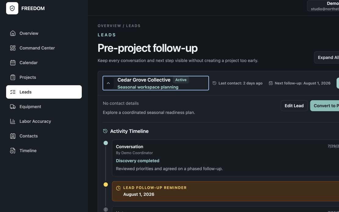 FREEDOM lead record showing follow-up history, reminders, and conversation context.