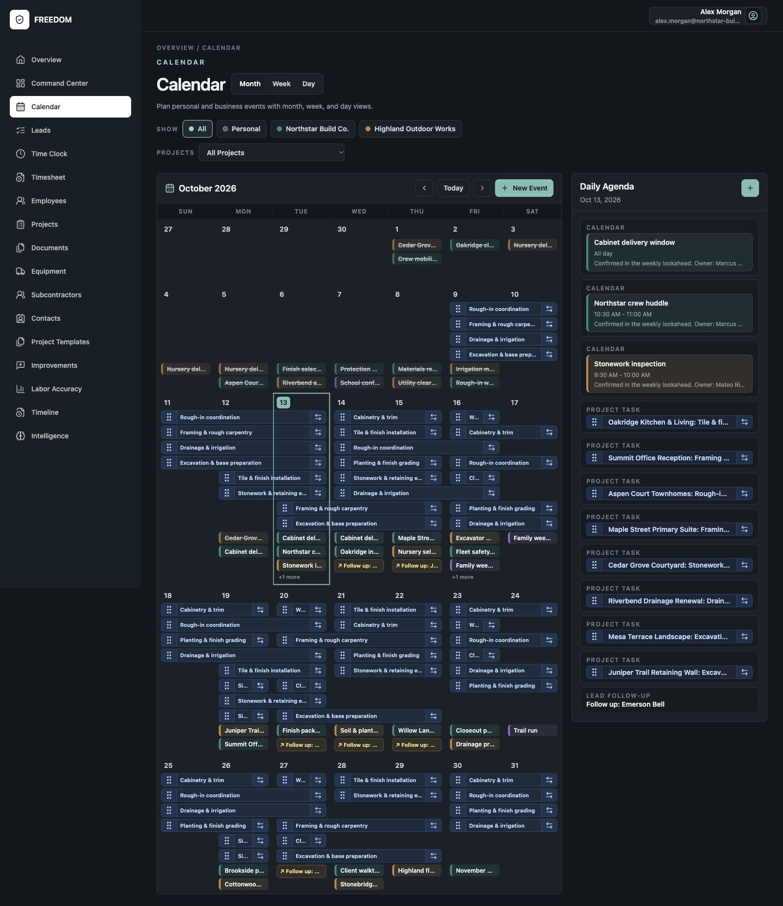 Busy October calendar showing real multi-day project task bars, business events, personal events and lead follow-ups.