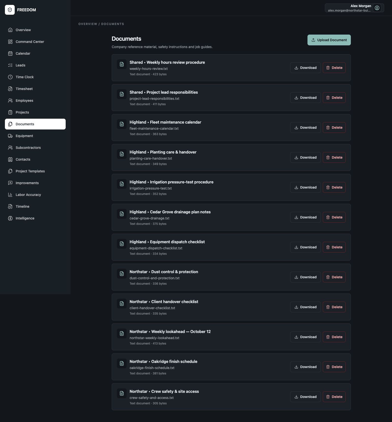 FREEDOM company document library with twelve distinct downloadable site guides, checklists and operating procedures.