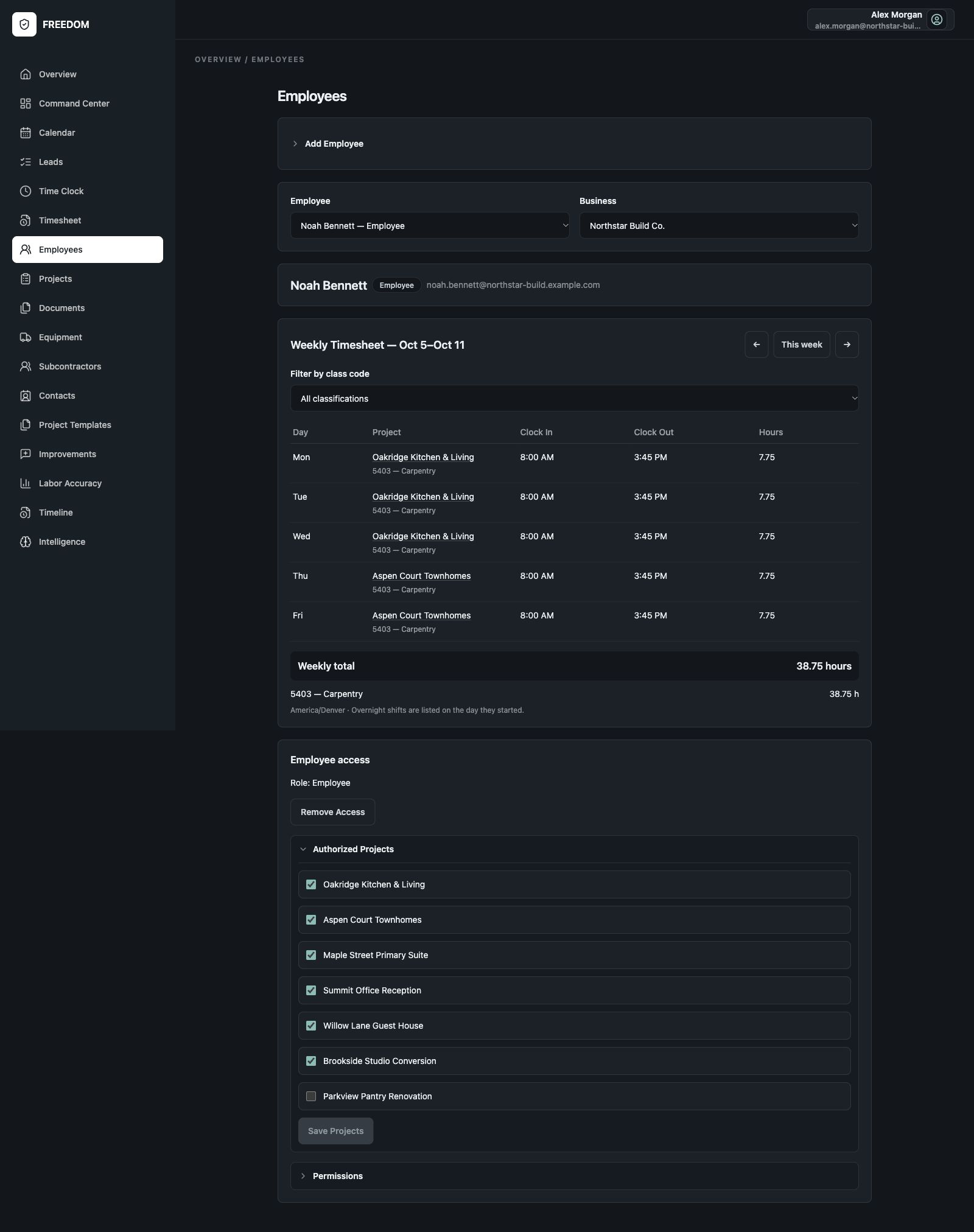 Noah Bennett’s full weekly timesheet, employee role and authorized project assignments.