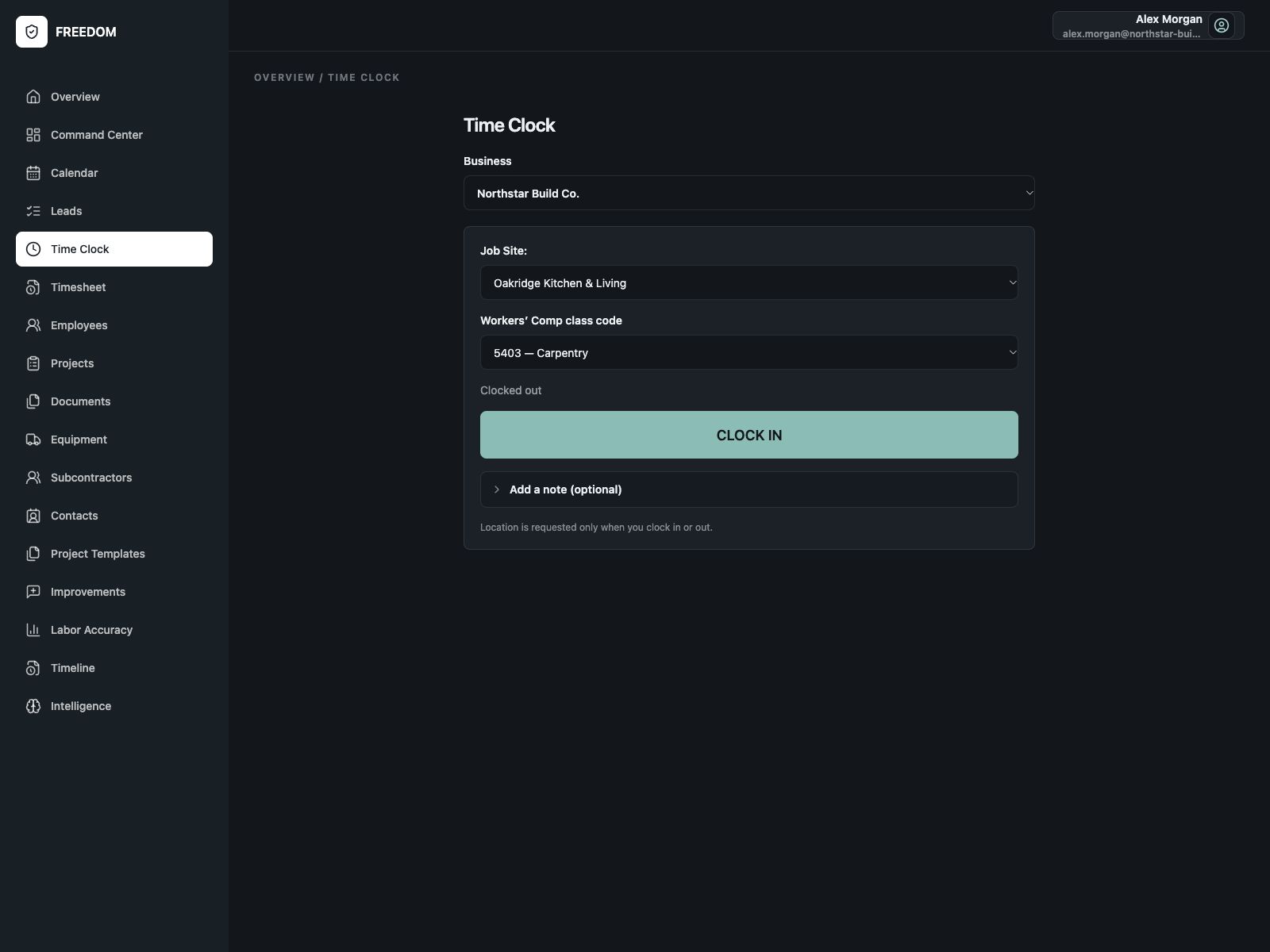 Actual business, job-site and Workers’ Comp class selection, with location-request disclosure.