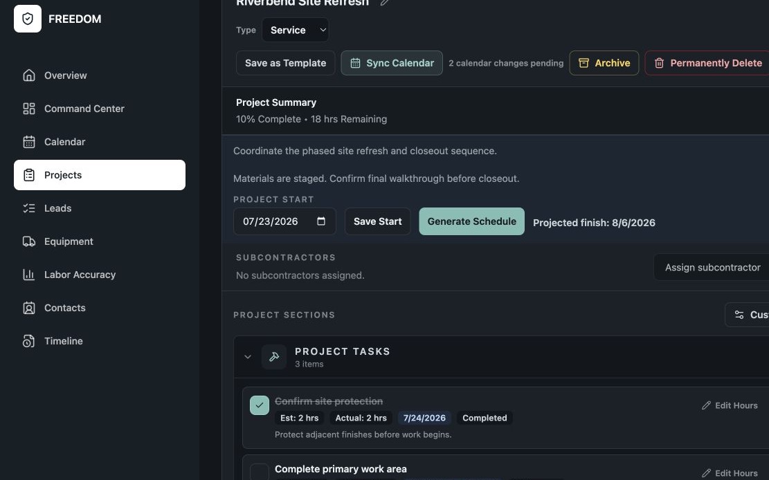 FREEDOM project record showing connected notes, schedule, task sections, and planned and actual labor hours.